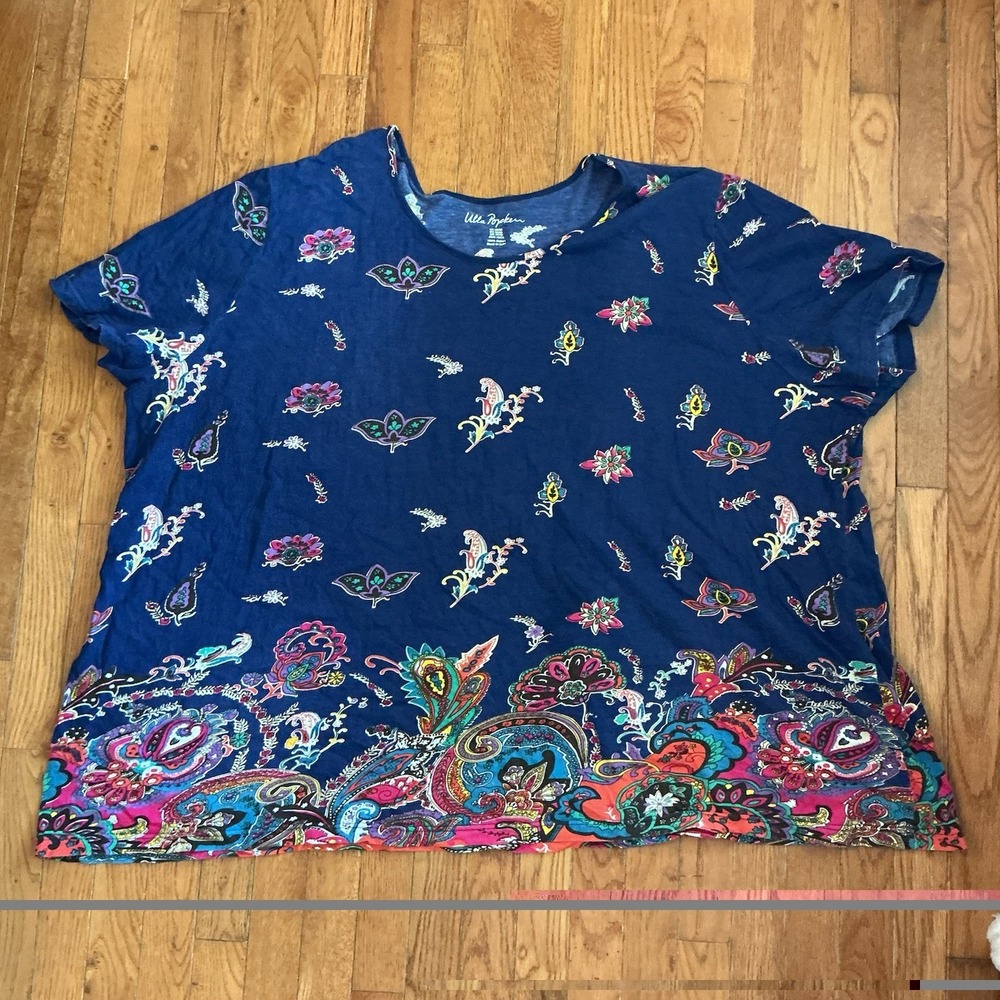 Ulla Popken Womens Plus Size Crewneck Tee Blue Pink Paisley Size 36/38 Womens
